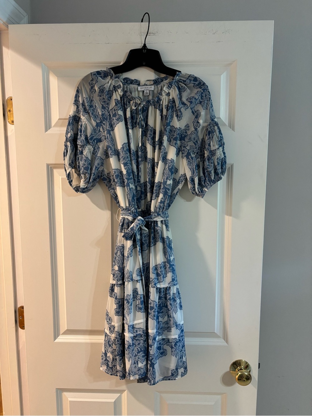 Current Air Blue and White Printed Puff-Sleeve Dress